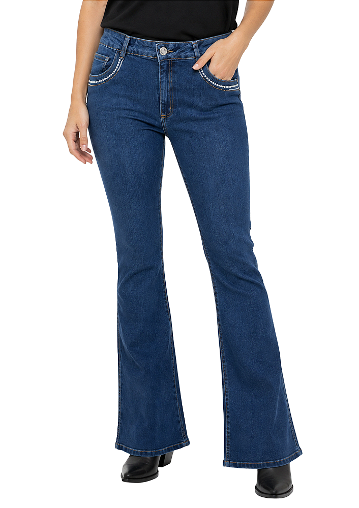 Calça jeans feminina flare bordada estanciero