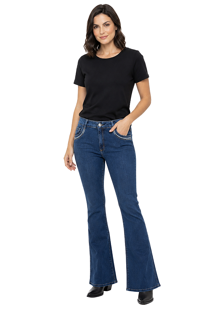 Calça jeans feminina flare bordada estanciero
