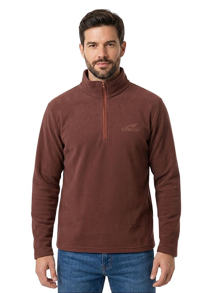 Blusa Microsoft Fleece Masculina Meio Zíper Estanciero Marrom Escuro