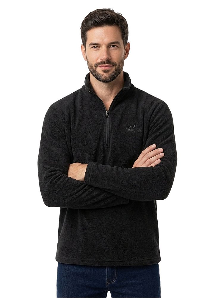 Blusa Microsoft Fleece Masculina Meio Zíper Estanciero Preto