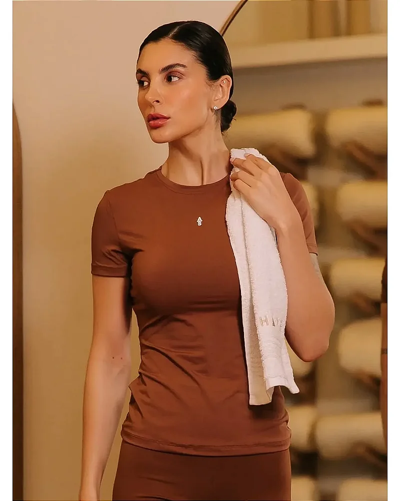 BLUSA MANGA CURTA POLIAMIDA - MARROM CHOCOLATE