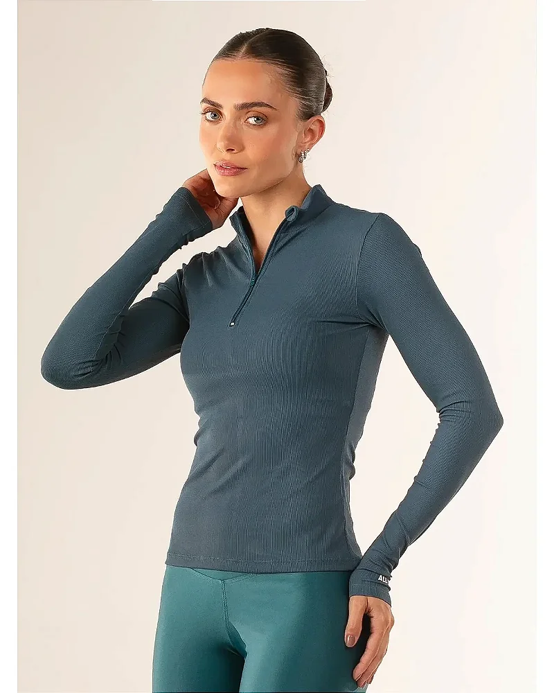 BLUSA MANGA LONGA CANELADA COM ZÍPER - VERDE ESMERALDA