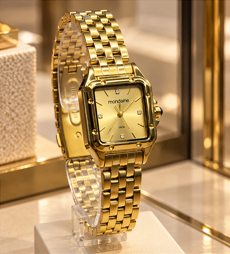 RELÓGIO PULSO MONDAINE FEMININO CAIXA METAL PU AÇO