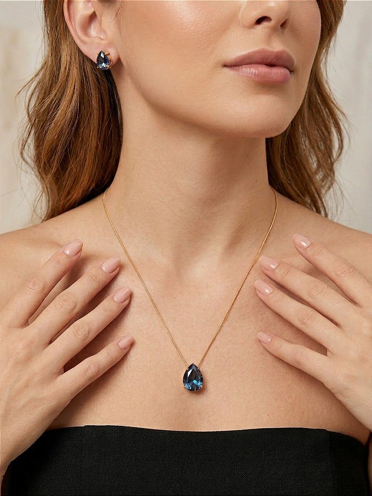 Conjunto Gota Cristal Fusion Azul Escuro / Safira Banho de Ouro 18k