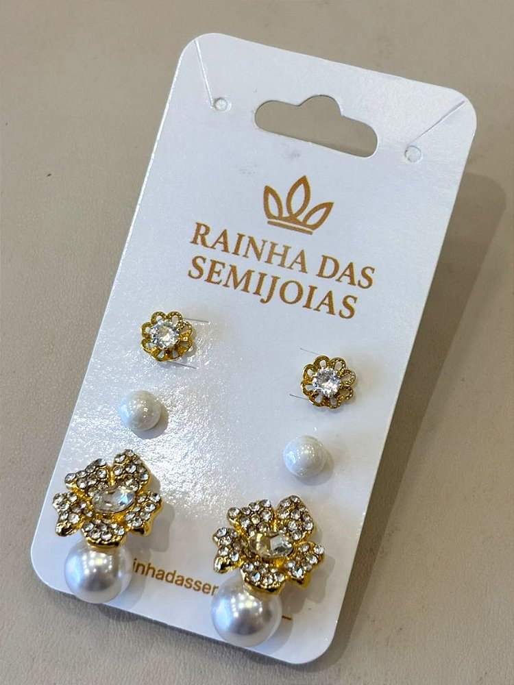 Trio de Brincos Ponto de Luz, Pérola e Flor Dourado