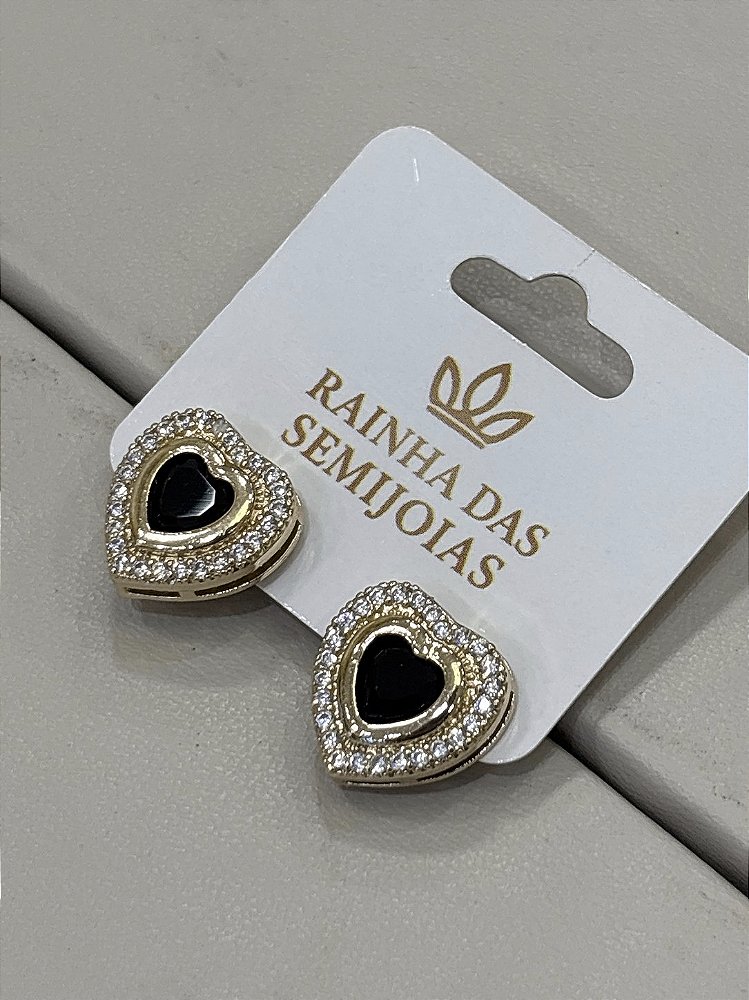 Brinco Coração Cravejado com Ponto de Luz Preto G - Banhado no Ouro 18l
