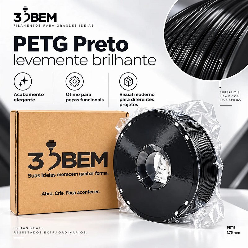 Filamento PETG Preto 3DBem 1kg 1,75mm Levemente Brilhante