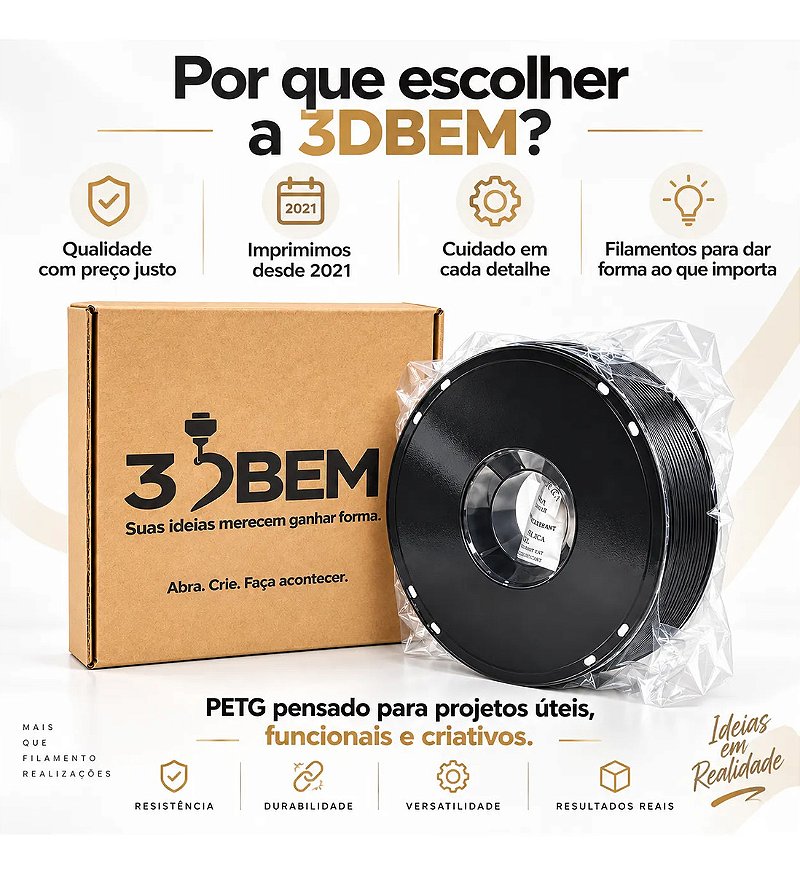 Filamento PETG Preto 3DBem 1kg 1,75mm Levemente Brilhante