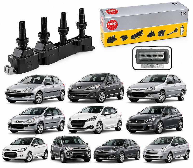 Bobina De Ignição 4 pinos Peugeot 206 207 306 307 1.6 16v Flex NGK