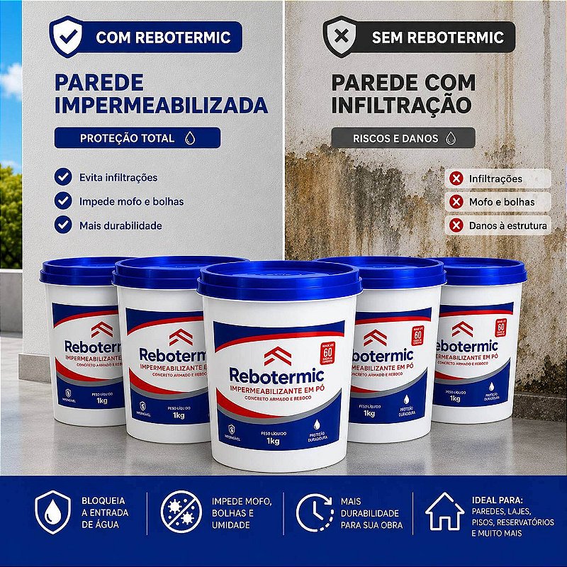 Kit 5 Rebotermic Impermeabilizante em Pó 1kg
