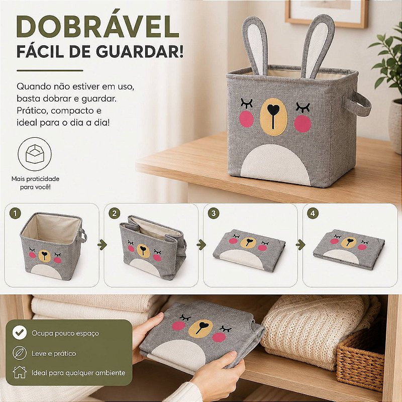 Cesto Organizador Infantil Dobrável para Brinquedos e Roupas [Cinza]
