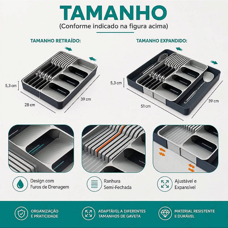 Organizador Ajustável para Talheres e Utensílios de Cozinha