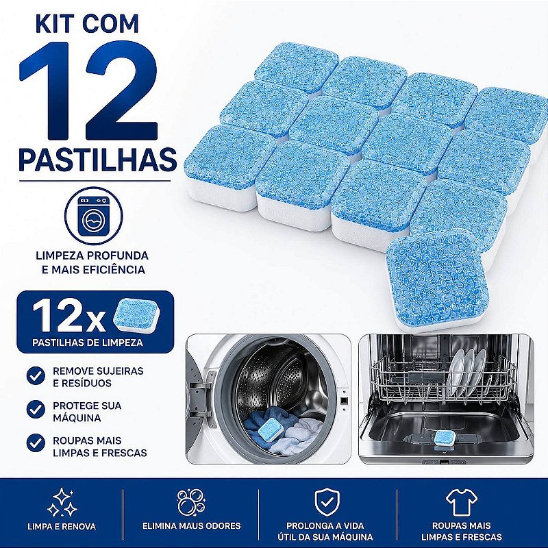 Kit 12 Pastilhas para Limpeza Higienizar Máquina de Lavar