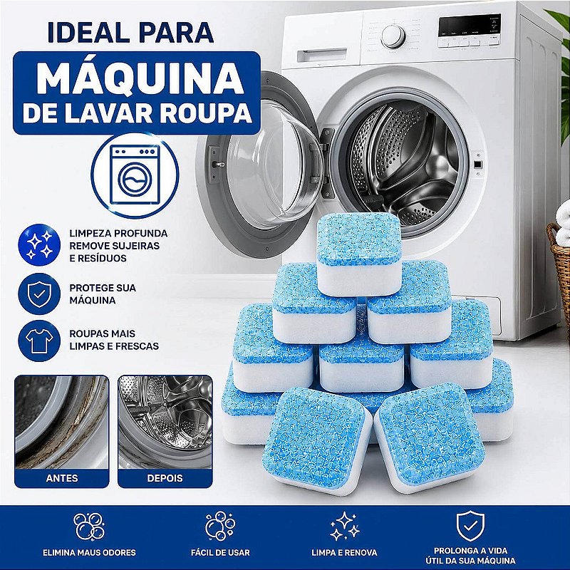 Kit 12 Pastilhas para Limpeza Higienizar Máquina de Lavar