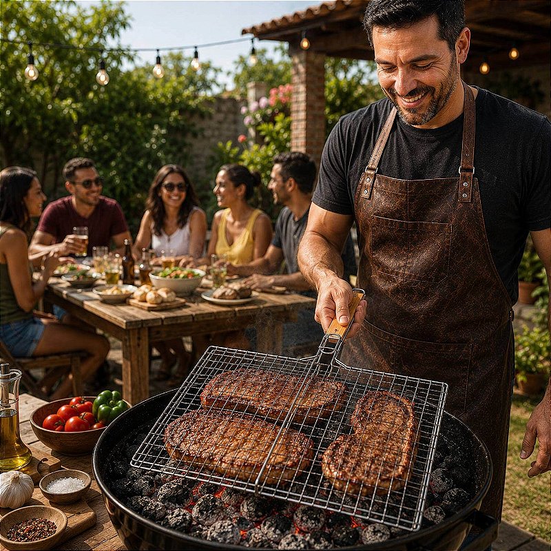 Grelha Dupla Churrasco Inox Cabo Madeira 34x22cm
