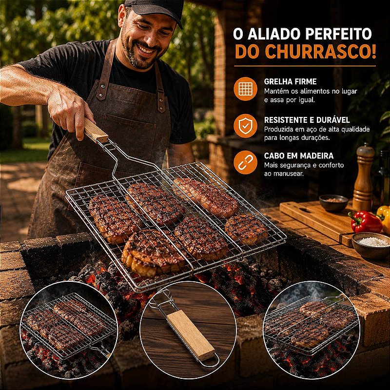 Grelha Dupla Churrasco Inox Cabo Madeira 34x22cm