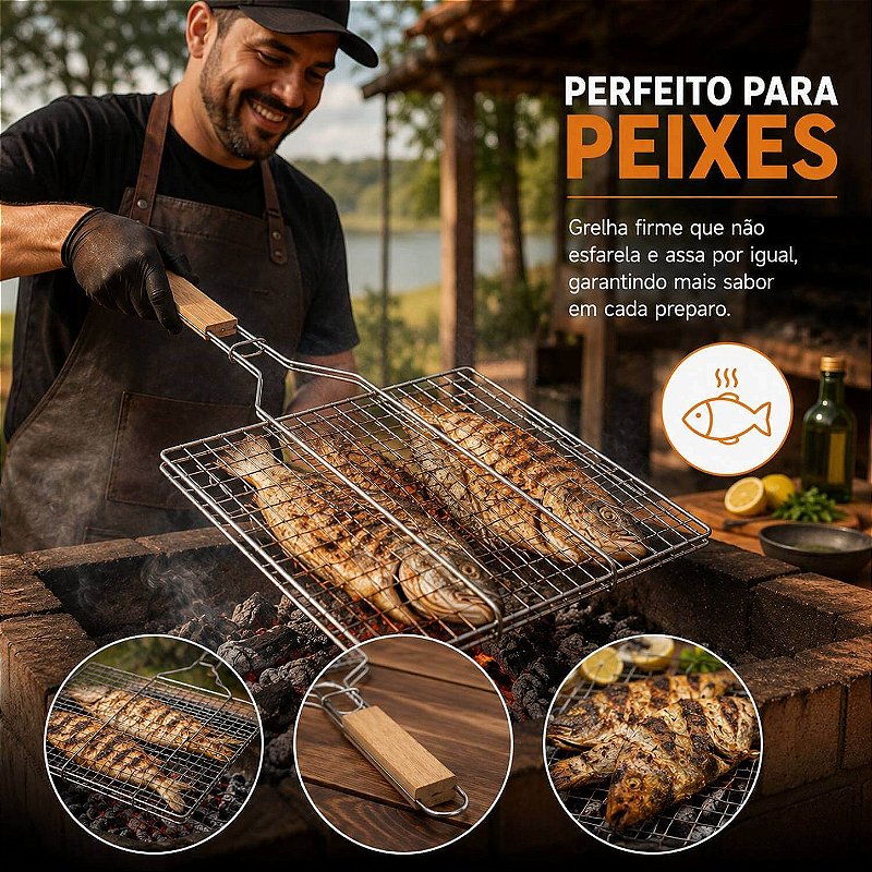 Grelha Dupla Churrasco Inox Cabo Madeira 34x22cm
