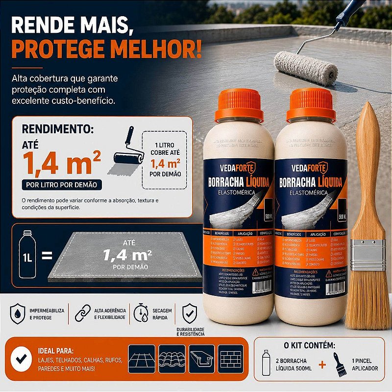Kit 2 Borracha Líquida Impermeabilizante Veda Forte com Pincel [500ml]