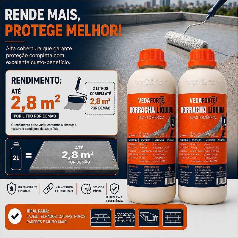 Kit 2 Borracha Líquida Impermeabilizante Veda Forte com Pincel [1 Litro]