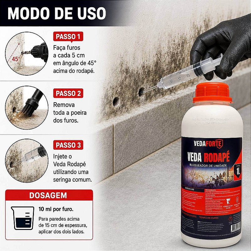 Veda Rodapé Impermeabilizante Bloqueador de Umidade 1L + Seringa 10ml