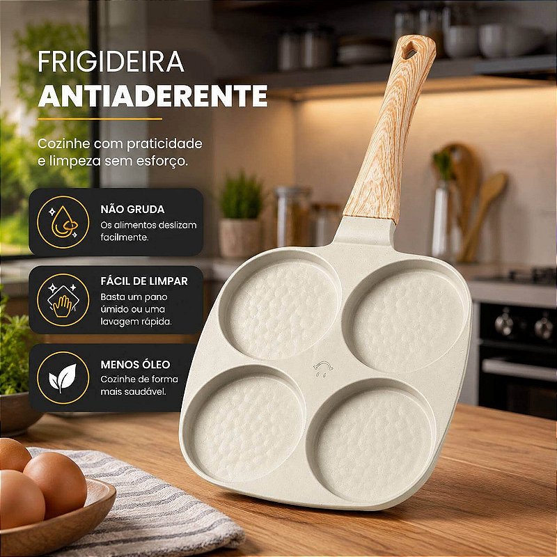 Frigideira Antiaderente com 4 Divisórias para Ovos e Hambúrguer