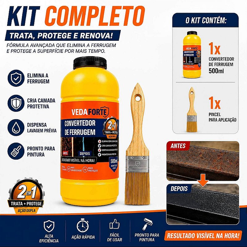Kit Convertedor de Ferrugem 500ml + Pincel 2 Polegadas Profissional