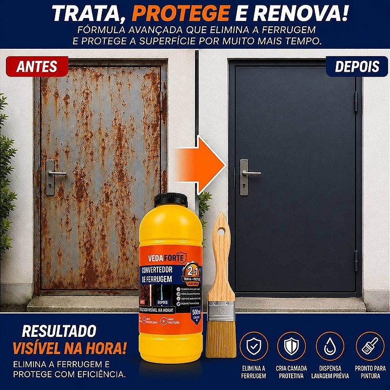 Kit Convertedor de Ferrugem 500ml + Pincel 2 Polegadas Profissional