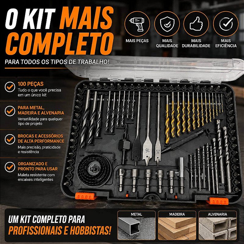 Jogo de Brocas e Bits Completo para Metal Madeira e Alvenaria