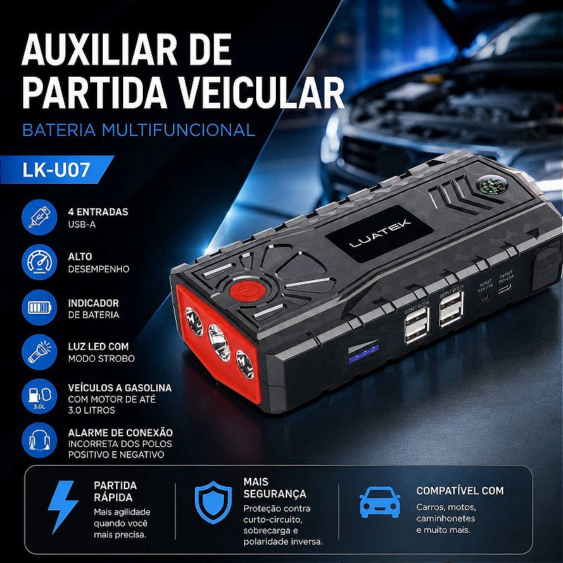 Auxiliar de Partida Veicular com Lanterna 12000mAh 12V