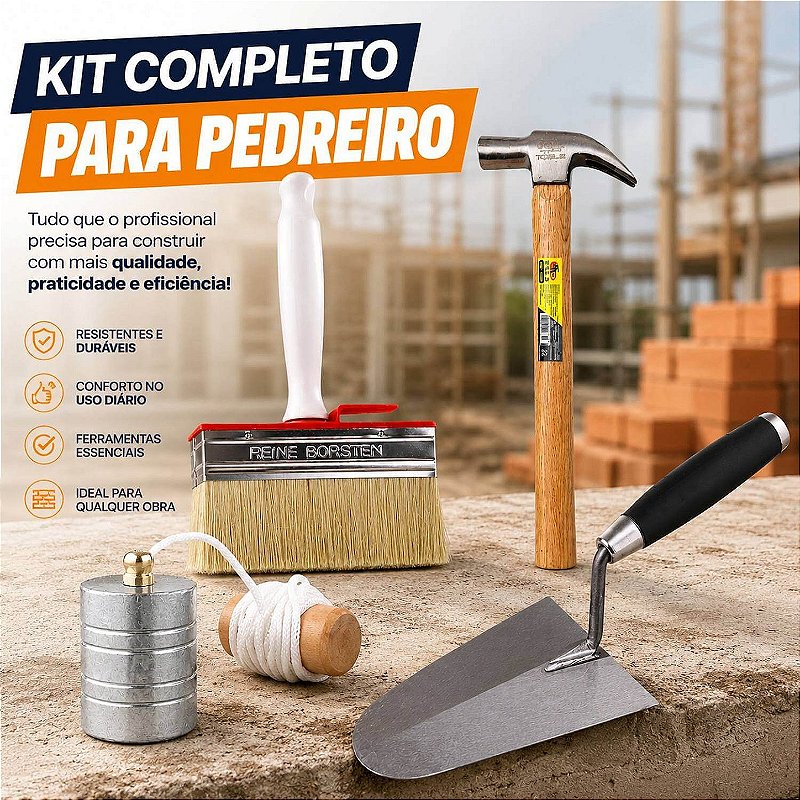 Kit Ferramentas Pedreiro Completo Prumo Colher Martelo Broxa