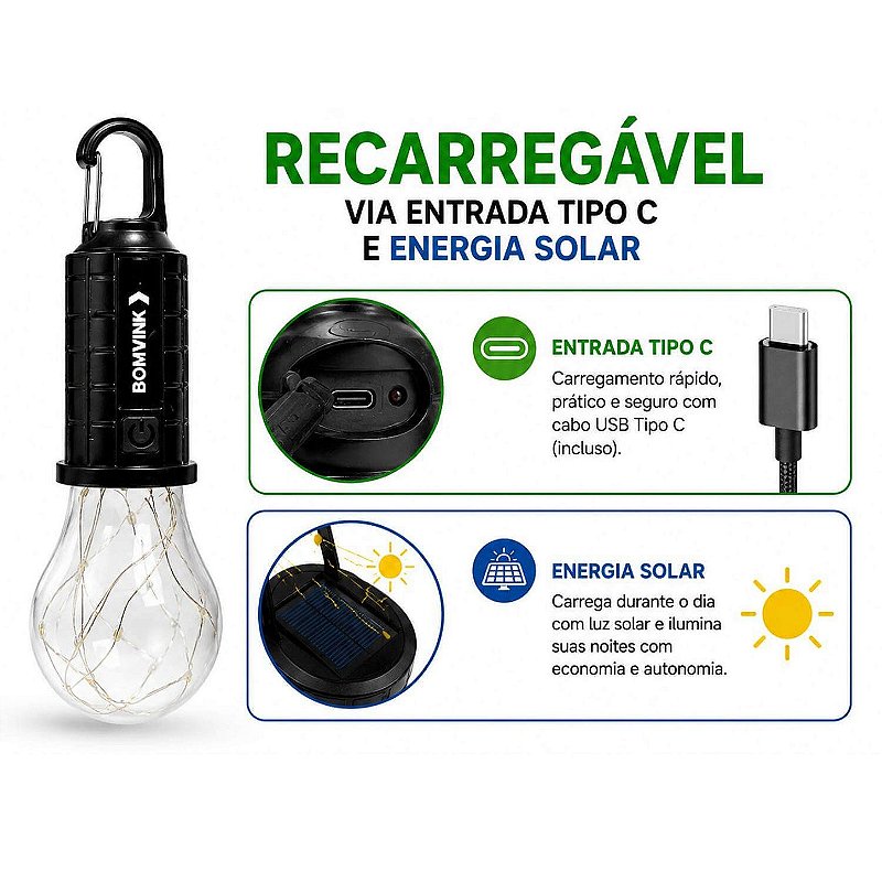 Lâmpada Led Recarregável Solar Acampamento Pesca Festa
