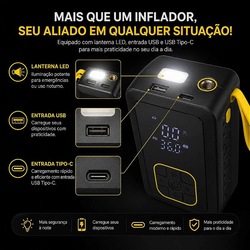 Bomba Compressor de Ar Portátil com Lanterna LED