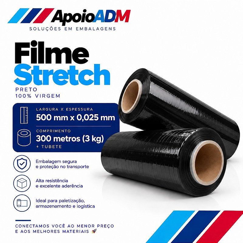 Filme Stretch Preto 500 mm × 25 Micras – 300m 3 kg (Líquido)