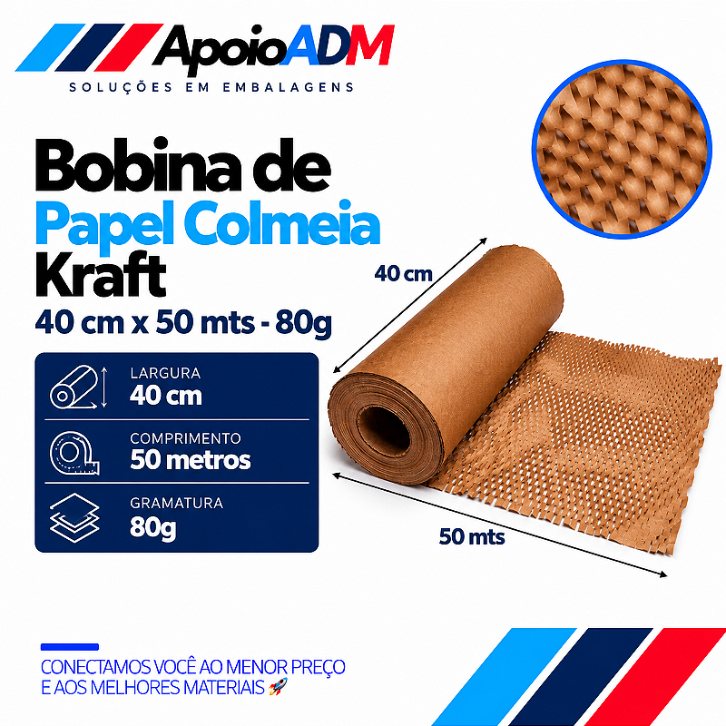 Bobina de Papel Colmeia Kraft – 40 cm × 50 m