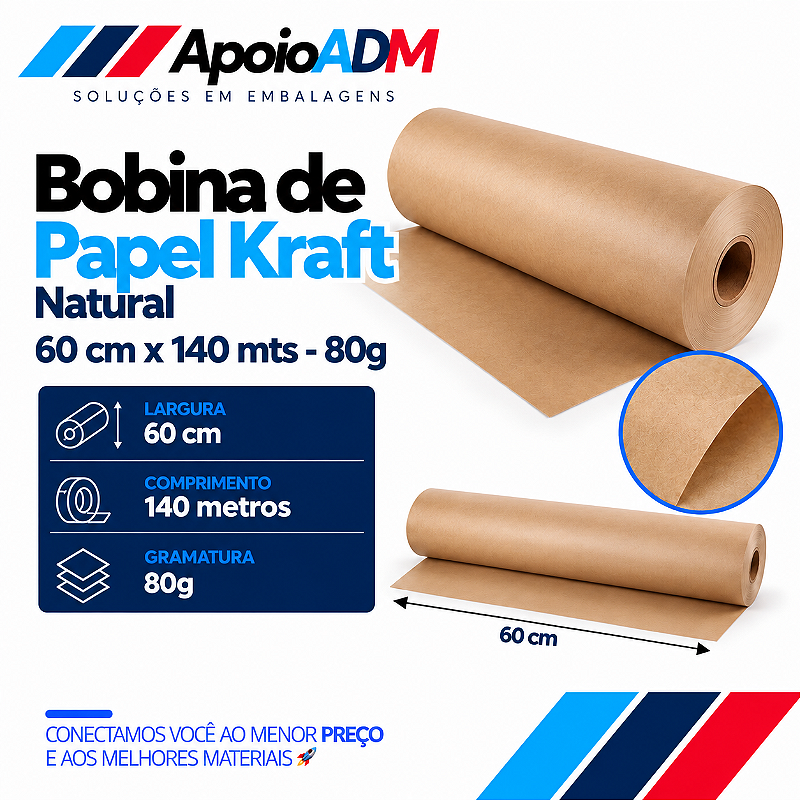 Bobina de Papel Kraft Natural 80g – 60 cm × 140 m