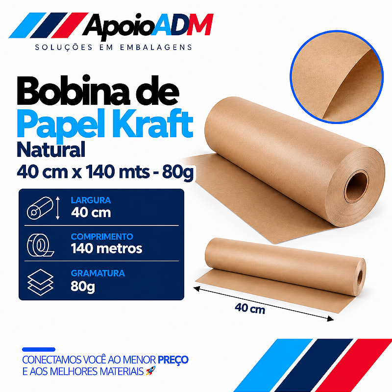 Bobina de Papel Kraft Natural 80g – 40 cm × 140 m