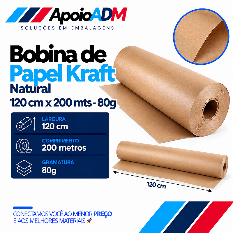 Bobina de Papel Kraft Natural 80g – 120 cm × 200 m