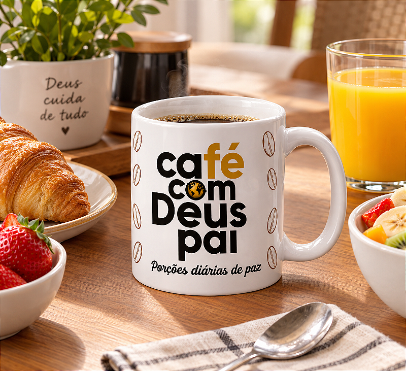 Caneca branca de cerâmica 350ml- Café com Deus Pai