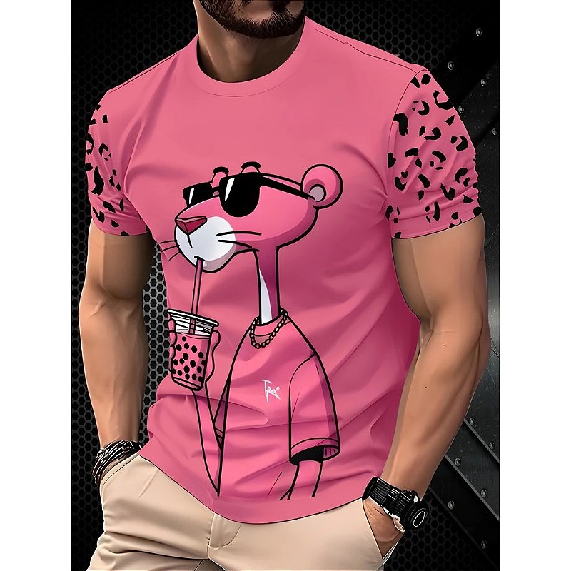 Camiseta básica de algodão masculina- Pantera Cor de Rosa