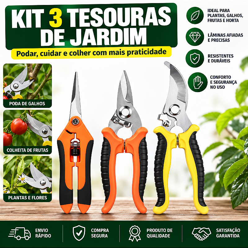 Conjunto de 3 Tesouras de Poda para Jardim