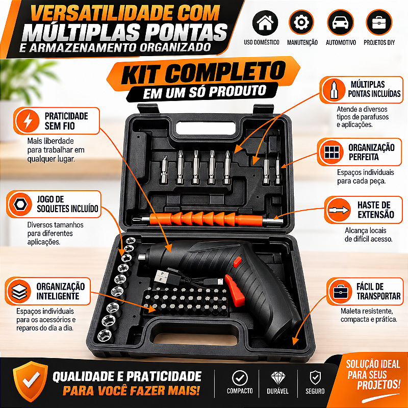 Kit de Chave de Fenda Elétrica Recarregável