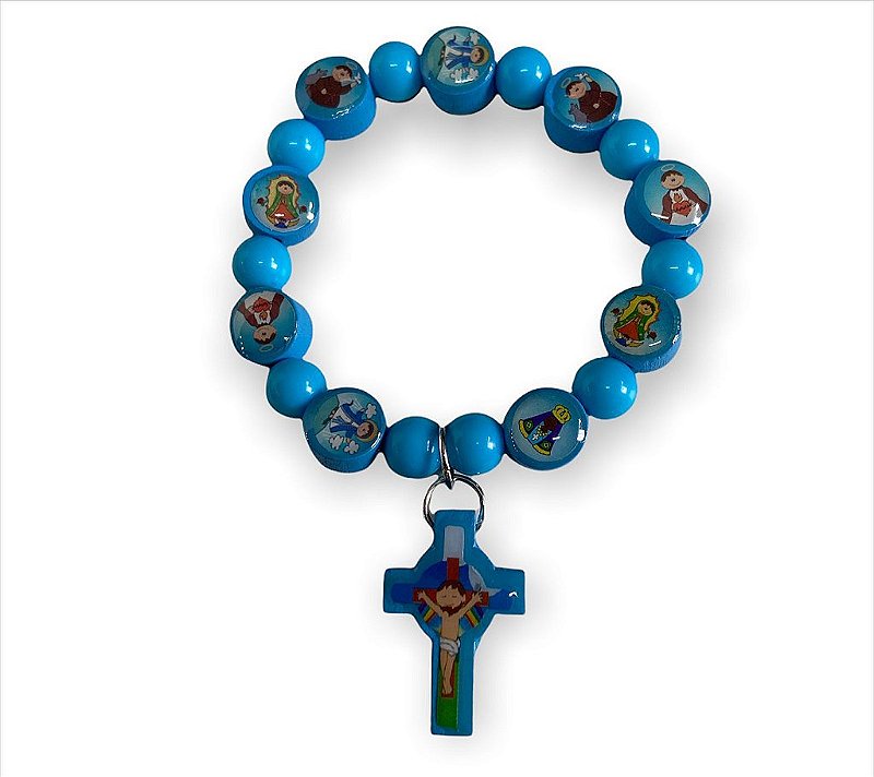 Pulseira Infantil Vários Santos  Azul com Crucifixo