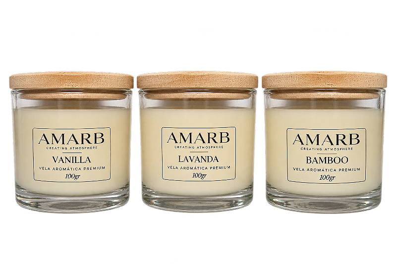 KIT 3 Velas aromáticas (Bamboo, Vanilla e Lavanda)