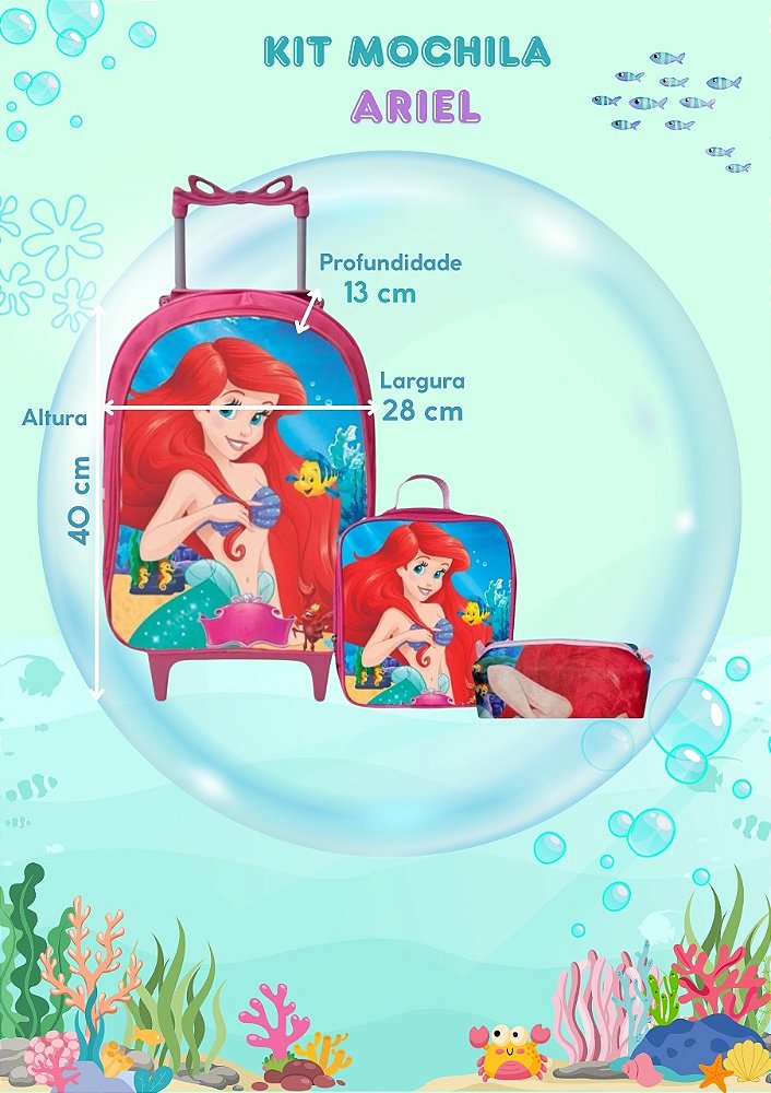 Kit Mochila Rodinhas + Lancheira + Estojo A Pequena Sereia Ariel