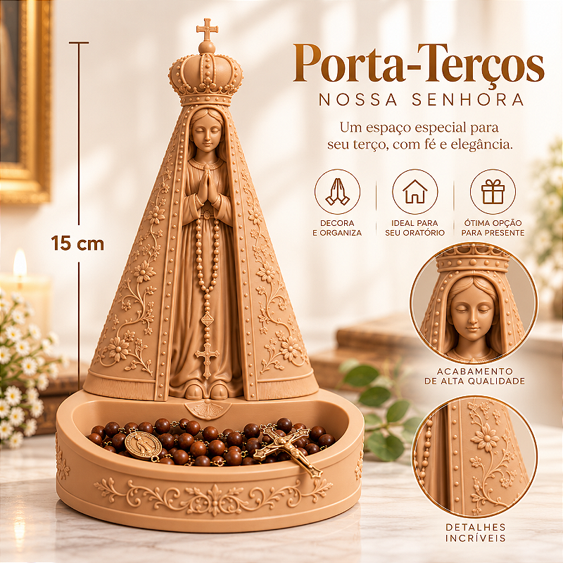 Porta Terços Nossa Senhora Aparecida 15cm – Imagem Católica para Rosário e Oratório