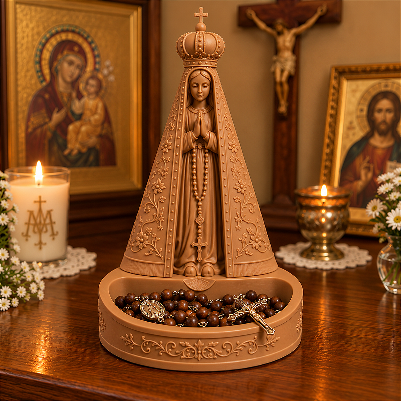 Porta Terços Nossa Senhora Aparecida 15cm – Imagem Católica para Rosário e Oratório