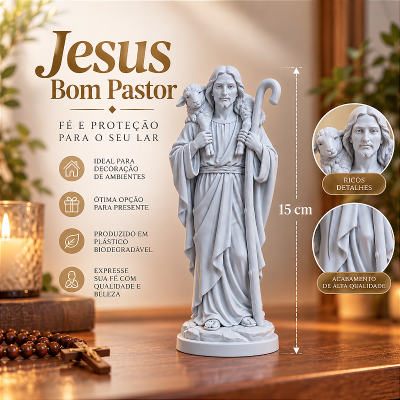 Imagem Jesus Bom Pastor 15 cm – Estátua Religiosa Católica para Oratório e Decoração