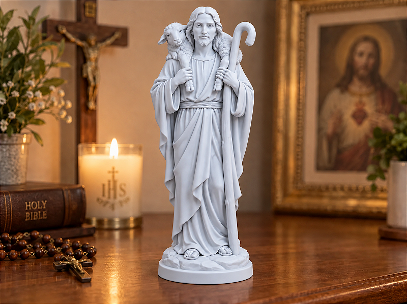 Imagem Jesus Bom Pastor 15 cm – Estátua Religiosa Católica para Oratório e Decoração