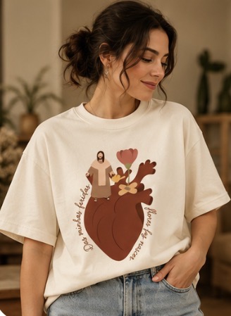 Camiseta Cristã Florescer na Fé – Jesus e Sagrado Coração