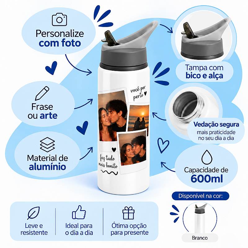 Squeeze de Alumínio Personalizado com Bico e Alça – 600ml